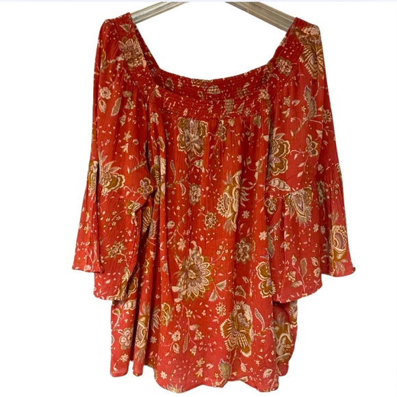 Chaps Tops - Chaps Orange Beige Floral Cotton Square Neck Bell Sleeve Top Sz 1X